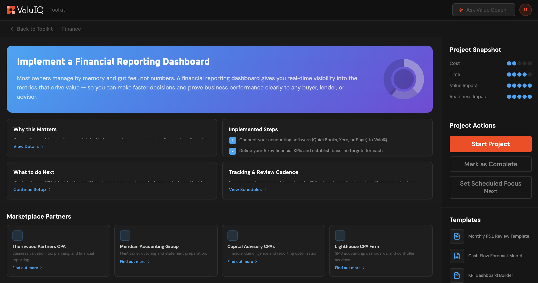 Toolkit, Finance project detail showing Implement a Financial Reporting Dashboard